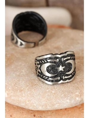 Çift Hilal Figürlü Kare Füme Gri Renk Ayarlamalı Erkek Yüzük