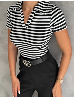 Çizgili Kaşkorse V Yaka Tişört Siyahbeyaz