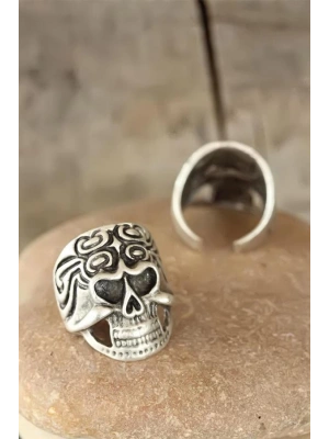 Eskitme Gümüş Renk Kuru Kafalı Erkek Ayarlamalı Yüzük