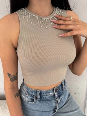 Fitilli Kaşkorse Yakası Zincirli Atlet Vizon