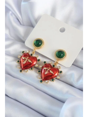 Gold Renk Kırmızı Kalp Model Zirkon Taş Detay Pirinç VİP Kadın Küpe