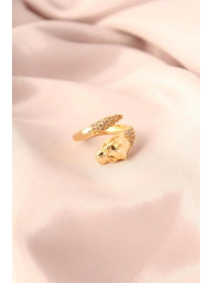 Gold Renk Metal Zirkon Taşlı Kaplan Model Ayarlanabilir Kadın Yüzük