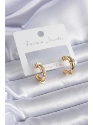 Gold Renk Zirkon Taş Detay Halka Model Pirinç Kadın Küpe