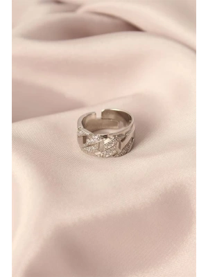 Gümüş Renk Metal Zirkon Taşlı Ayarlanabilir Kadın Yüzük