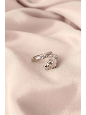 Gümüş Renk Metal Zirkon Taşlı Kaplan Model Ayarlanabilir Kadın Yüzük