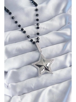Gümüş Renk Siyah Boncuk Zirkon Taşlı Pirinç Yıldız Model VİP Seri Kadın Kolye