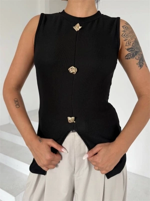 Kadın siyah bisiklet yaka gold düğmeli ottoman bluz s2310