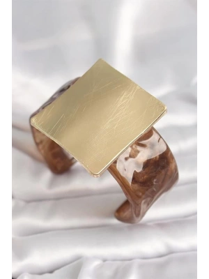 Kahverengi Mermer Desen Akrilik Plastik Gold Kare Plaka Model Vintage Kadın Bilezik