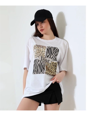 Karma Desenli Oversize Kadın T-Shirt