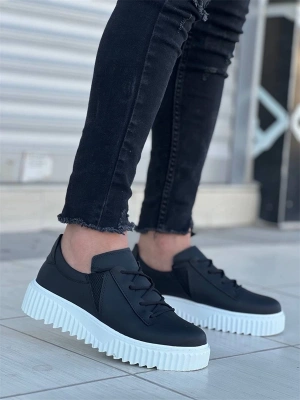 Kb-X502  Kuback Siyah Cilt Yüksek Beyaz Taban Bağcık Detaylı Lastikli Günlük Erkek Ayakkabı