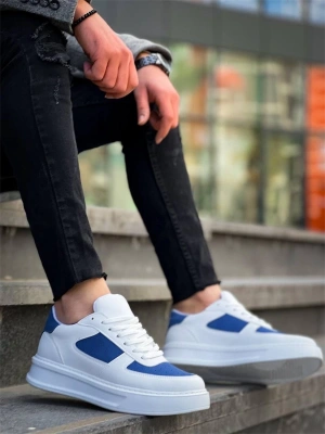 KB-X8 Kuback Beyaz Cilt Mavi Süet Detaylı Beyaz Yüksek Taban Günlük Spor Ayakkabı