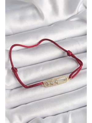 Kırmızı İpli Asansörlü Zirkon Taşlı Gold Messika Model Kadın Bileklik