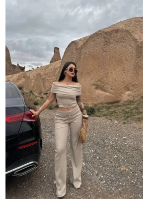 Madonna yaka bol paça pantolonlu takım