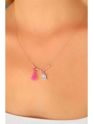 Nazar Boncuklu Pembe Renk Taşlı Rose Bayan Kolye