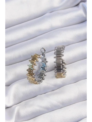Pirinç Gold Gümüş Renkli Tırtıklı Halka Küpe
