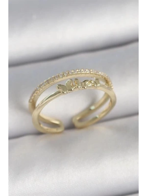 Pirinç Gold Renk 2Li Sıra Zirkon Taş Detaylı Kelebek Figürlü Ayarlanabilir Model Kadın Yüzük