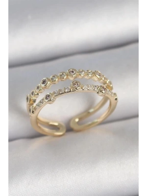 Pirinç Gold Renk 2Li Sıralı Zirkon Taşlı Ayarlanabilir Model Kadın Yüzük