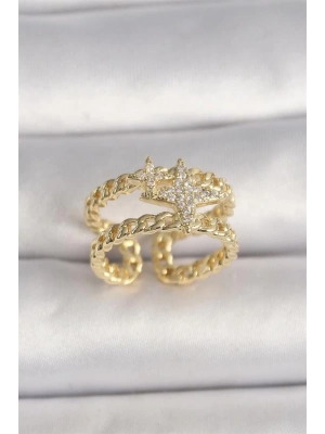 Pirinç Gold Renk 2Li Zincir Zirkon Taşlı Yıldız Figür Kadın Yüzük