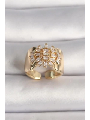 Pirinç Gold Renk Ayarlanabilir Baget Zirkon Taş Kadın Yüzük