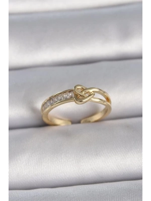 Pirinç Gold Renk Ayarlanabilir Zirkon Taşlı Düğüm Kalp Model Kadın Yüzük