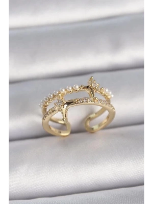 Pirinç Gold Renk Ayarlanabilir Zirkon Taşlı İncili Yıldız Model Kadın Yüzük