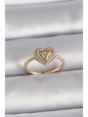 Pirinç Gold Renk Ayarlanabilir Zirkon Taşlı Kalp Model Kadın Yüzük