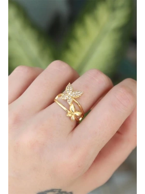 Pirinç Gold Renk Ayarlanabilir Zirkon Taşlı Kelebek Yüzük
