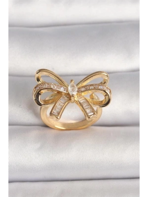 Pirinç Gold Renk Ayarlanabilir Zirkon Taşlı Kurdele Model Kadın Yüzük