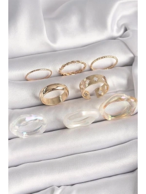 Pirinç Gold Renk Beyaz Akrilik Plastik Modek Kutup Yıldız İşleme Detay Kadın Yüzük Kombini