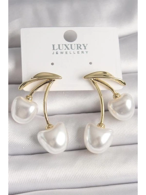 Pirinç Gold Renk Beyaz İnci Kiraz Model Kadın Küpe