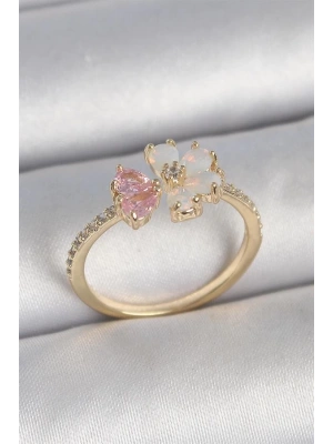 Pirinç Gold Renk Beyaz Mineli Pembe Zirkon Taşlı Çiçek Model Kadın Yüzük