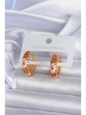 Pirinç Gold Renk Çiçek İşleme Turuncu Kadın Küpe