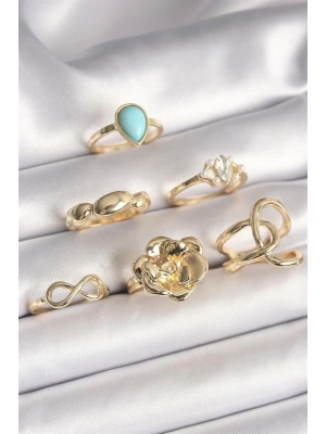 Pirinç Gold Renk Çiçek Model Model Sonsuzluk Zirkon Taş Detaylı 6Lı Kadın Yüzük Seti