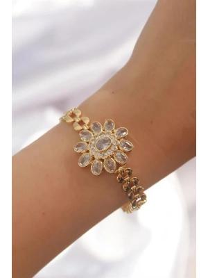 Pirinç Gold Renk İri Zirkon Taşlı Çiçek Figürlü Bileklik