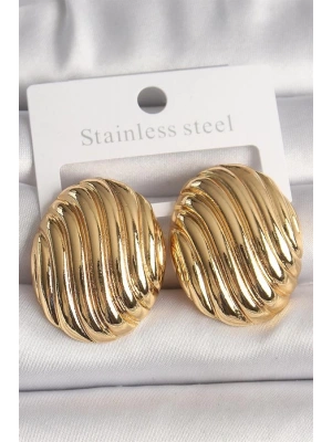 Pirinç Gold Renk İşlemeli Oval Model Kadın Küpe