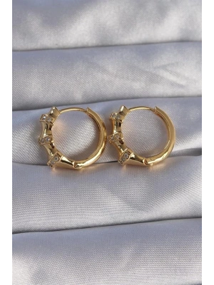 Pirinç Gold Renk Kabartmalı Zirkon Taşlı Oval Model Küpe