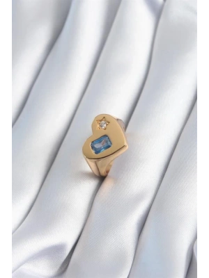 Pirinç Gold Renk Kalp Model Zirkon Taş Yıldız Detay Kadın Yüzük