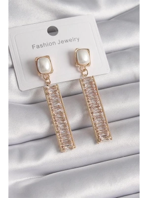 Pirinç Gold Renk Kare İnci Zirkon Taşlı Su Yolu Model Kadın Küpe