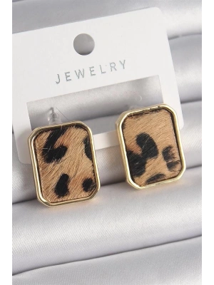 Pirinç Gold Renk Kare Leopar Desen Model Kadın Küpe