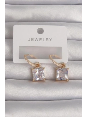 Pirinç Gold Renk Kare Zirkon Taşlı Halka Küpe