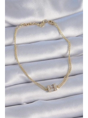 Pirinç Gold Renk Kare Zirkon Taşlı Kadın Bileklik