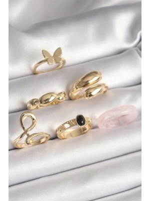 Pirinç Gold Renk Kelebek Figür Sarmal Model 6Lı Kadın Yüzük Seti