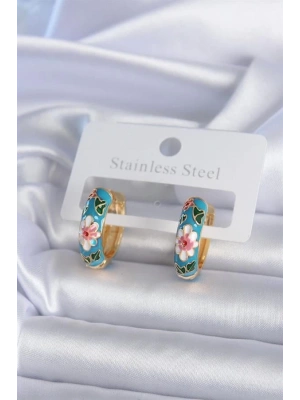 Pirinç Gold Renk Mavi Çiçek İşleme Detay Kadın Küpe