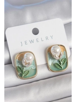 Pirinç Gold Renk Mix Renk Mineli İncili Çiçek Mineli Portre Model Kadın Küpe