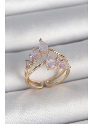 Pirinç Gold Renk Mor Damla Zirkon Taşlı Taç Model Kadın Yüzük