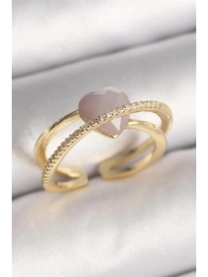 Pirinç Gold Renk Mor Kristal Kalp Model Zirkon Taşlı Kadın Yüzük