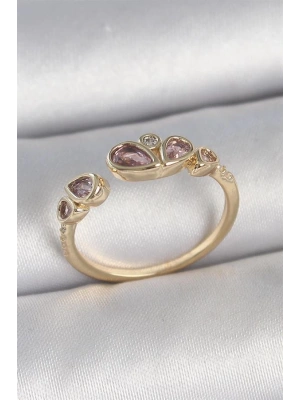 Pirinç Gold Renk Pembe Damla Zirkon Taşlı Ayarlanabilir Kadın Yüzük