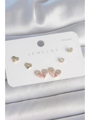 Pirinç Gold Renk Pembe Zirkon Taşlı Kalp Model 925 Ayar Gümüş Çivi Kadın Küpe Seti