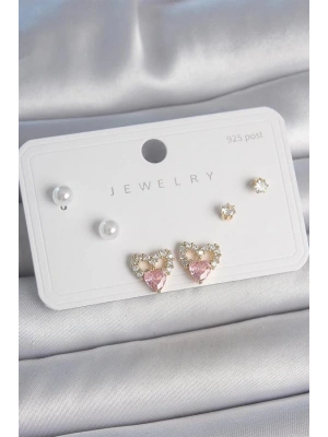 Pirinç Gold Renk Pembe Zirkon Taşlı Kalp Model İnci Detay 925 Ayar Kadın Küpe Seti