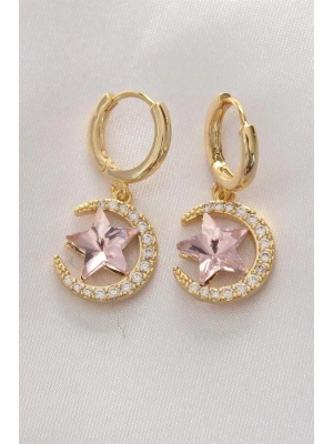 Pirinç Gold Renk Pembe Zirkon Taşlı Yıldız Detay Ay Küpe